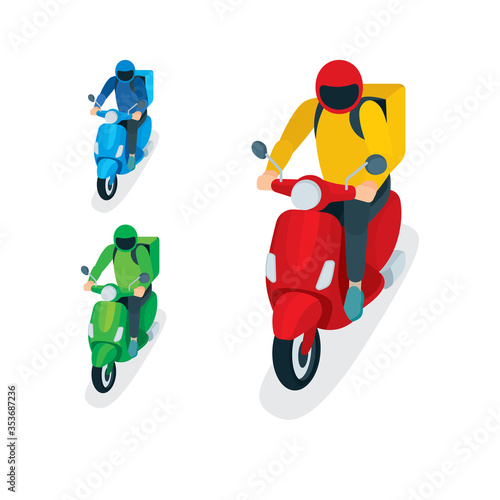 Delivery service courier. Takeaway delivery boy on scooter with thermal food case. Isometric vector illustration. Top and front view. Part of set.