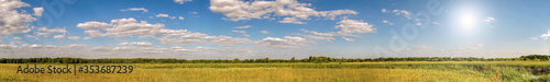 Panorama of a summer meadow against a blue sky with clouds in the sunlight. Summer landscape
