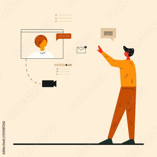 Man standing  and chatting with coworker  online. Online conference concept. Business characters talking online. Video chat concept. Working together concept.