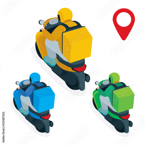 Delivery service courier. Takeaway delivery boy on scooter with thermal food case. Isometric vector illustration. Top, back and side views. Part of set.