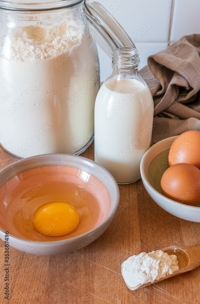 Ingredients preparation for homemade crepes Ingredients preparation for homemade crepes