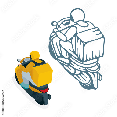 Delivery service courier. Takeaway delivery boy on scooter with thermal food case. Isometric vector illustration. Top, back and side views. Part of set.