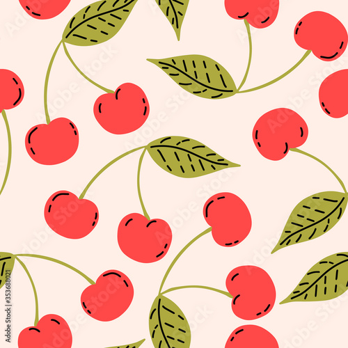 Red cherries with leaf, berry fruits seamless pattern