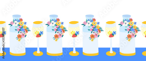 Summer wine glass and water carafe with flowers seamless vector border. Summer garden party repeating pattern with wildflowers on a glass bottle and drinking glass. Fabric, table decor, party invite