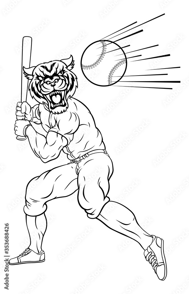 Fototapeta premium A tiger baseball player cartoon animal mascot swinging a bat at a fast ball