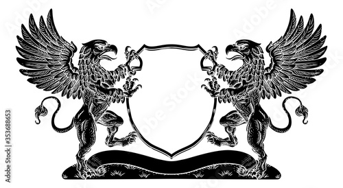 A crest coat of arms family shield seal featuring two griffins or griffons