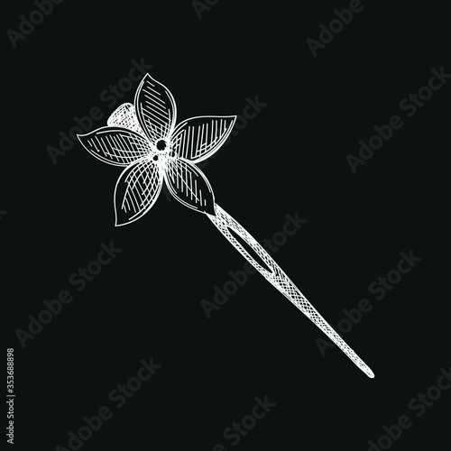 Hand-drawn sketch of Metallic Kanzashi hair comb. Japanese women appearance attributes. Japan culture. Traditional accessories, clothing and makeup in Japan.	
