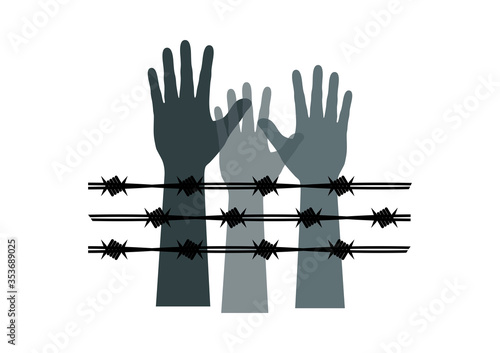 Human hand with barbed wire icon vector. Hands silhouette with barbed wire vector. Hands behind a barbed wire prison vector. Hand with barbed wire icon isolated on a white background