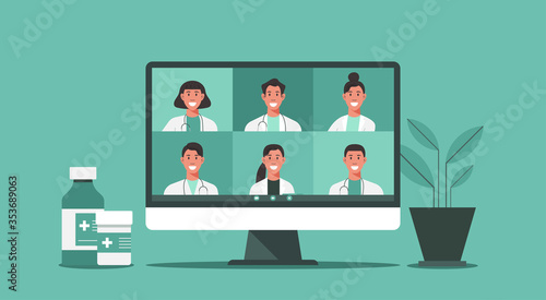 online medical consultation and support concept, healthcare services, group of doctors teleconferencing with stethoscope on computer screen, conference video call, new normal, vector flat illustration