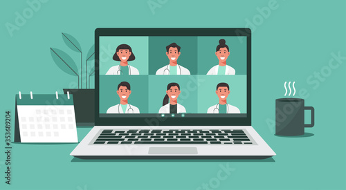 online healthcare and medical consultation services concept, group of doctors video conferencing with stethoscope on laptop screen, teleconference, new normal, vector flat illustration