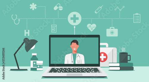 online medical consultation and support concept, healthcare services, doctor teleconferencing with stethoscope on laptop screen, conference video call, new normal, icon vector flat illustration