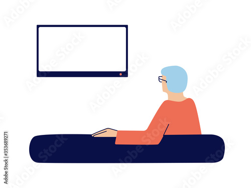 Elderly man watching TV at home. Senior, old man, pensioner sitting in a sofa alone, watching news. Back view. Empty TV frame for your text. Modern vector illustration isolated on white background