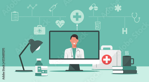online medical consultation and support concept, healthcare services, doctor teleconferencing with stethoscope on computer screen, conference video call, new normal, icon vector flat illustration