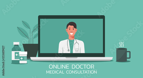 online healthcare and medical consultation and support services concept, doctor teleconferencing with stethoscope on computer laptop screen, conference video call, new normal, vector flat illustration