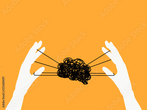 Mental health, illness ,brain development ,medical treatment  concept, hand play turned thread in a shape of brain, hands holding puppet strings with a thread of brain , vector illustration