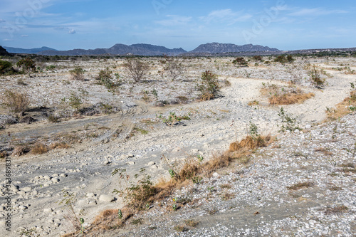 dramatic image landscape of a dry riverbed on the caribbean coast due to global warming in the dominican republic.