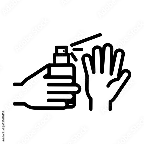 personal hand hygiene, using alcohol spray, disease prevention and health care line style icon