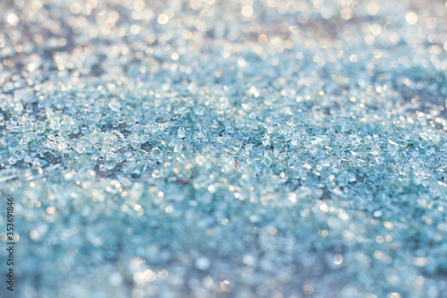 cullet, background of glass granules, bokeh and glitter