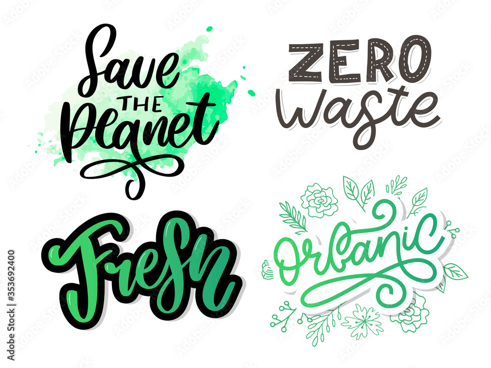 Naklejka premium Green save the planet phrase on white background. Typography vector illustration. Lettering business concept. Decoration illustration. Lettering typography poster.