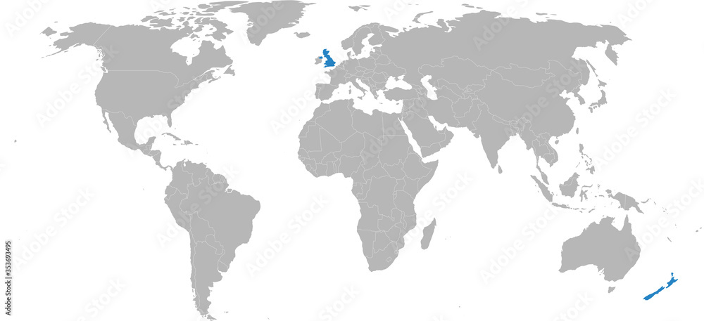 New Zealand, united kingdom isolated on world map. Light gray background. Business concepts, diplomatic, trade and transport relations.