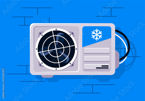 vector illustration of an external air conditioning unit hanging on a brick wall