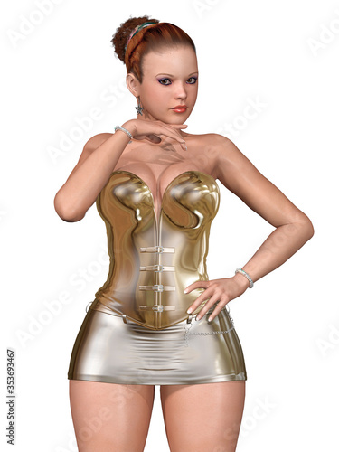 Photos 3d render of beautiful woman with pretty face and curvy body, with reflective go