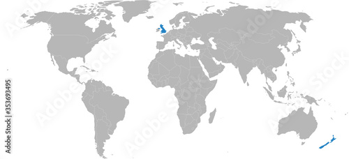 New Zealand  united kingdom isolated on world map. Light gray background. Business concepts  diplomatic  trade and transport relations.