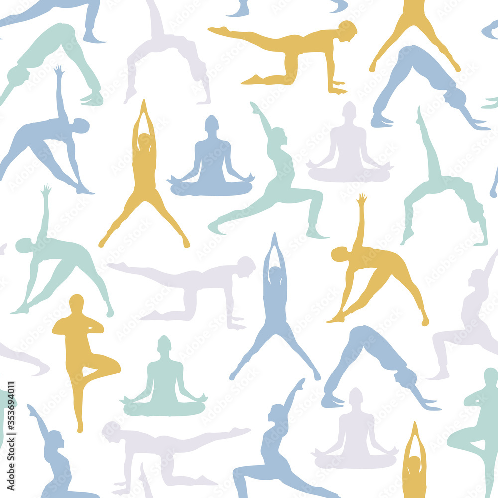 Yoga poses seamless pattern. Repetitive vector illustration on transparent background.