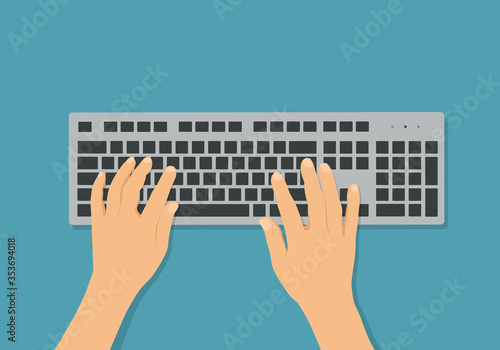 Flat design illustration of wireless computer keyboard on office desk. Hands writing text, vector