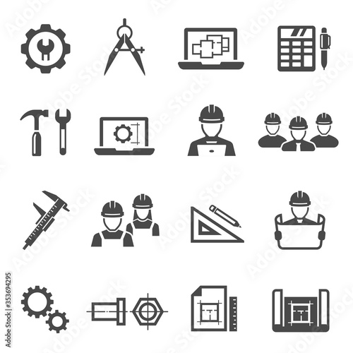 Engineering, architecting black icons set isolated on white.