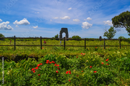 The view on the ancient Rome aqueducts remainings