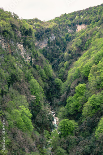 Okatse Canyon in Georgia. Beautiful natural canyon, hiking trail over the canyon, overlooking the mountain river, near Kutaisi.