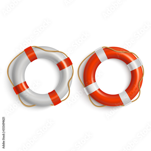 Lifebuoies icons set. Life preserver or saver red and white.