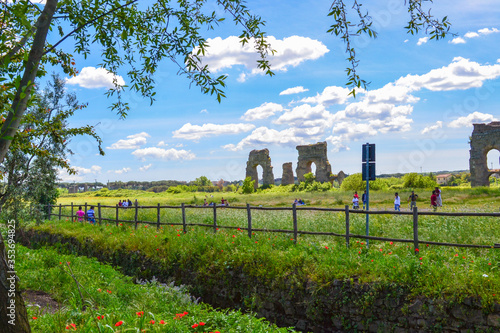 The view on the ancient Rome aqueducts remainings