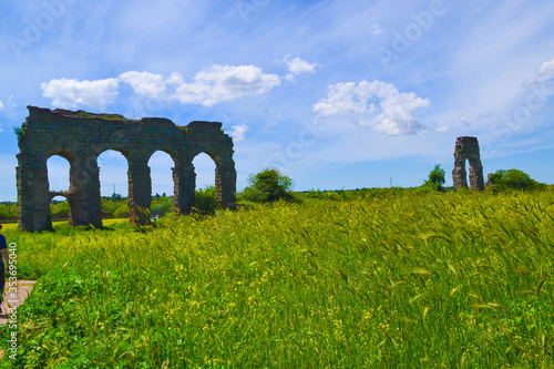 The view on the ancient Rome aqueducts remainings