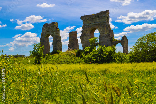 The view on the ancient Rome aqueducts remainings