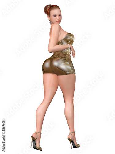 Принти на полотні 3d render of beautiful and cute girl  with curvy body, standing back , with refl