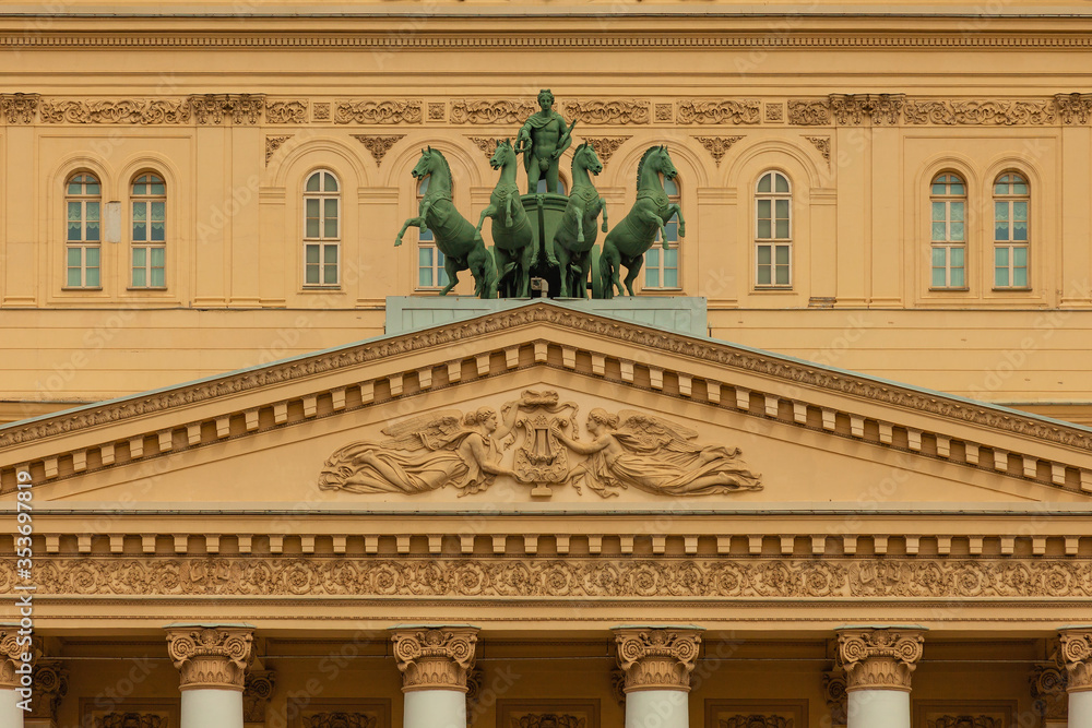 Statue of Apollo managing a cart of horses harnessed to a chariot on the roof of the Bolshoi Theater in Moscow