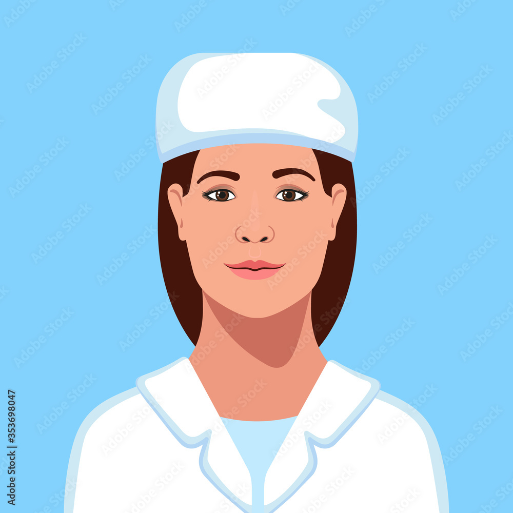 Beautiful European woman therapist in a medical cap avatar. Chief of staff. Head physician. Senior nurse. Healthcare personal. Vector Illustration. Beautiful European woman therapist in a medical cap avatar. Chief of staff. Head physician. Senior nurse. Healthcare personal. Vector Illustration.