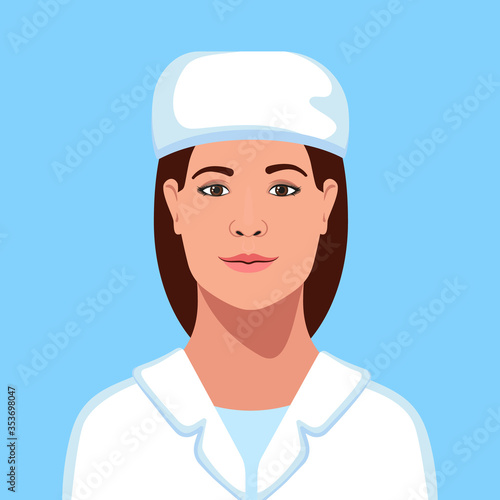 Beautiful European woman therapist  in a medical cap avatar. Chief of staff. Head physician. Senior nurse. Healthcare personal. Vector Illustration.