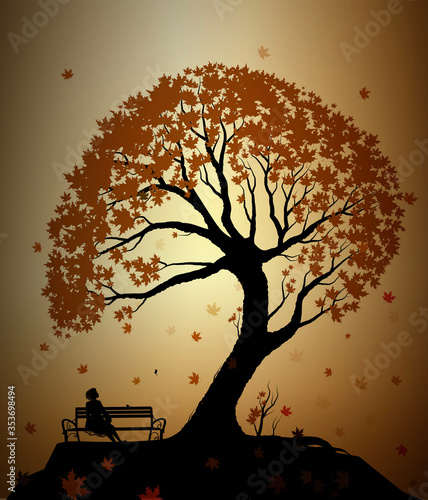 Autumn memories concept, girl sitting on the bench under the big maple tree, silhouette summer scene, (ID: 353698494)