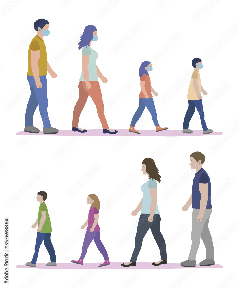 Fototapeta premium Family group of four walking and wearing mask
