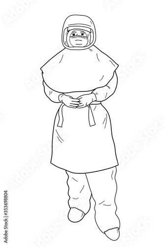 simple line draw doctor wearing personal protective equipment, papr (powered air-purifying respirator), n95 mask, caps, gloves and coverall cloths with hood for infectious disease outbreaks protection