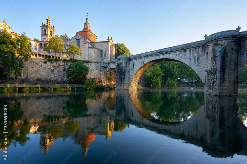 Amarante church view with Sao Goncalo bridge at sunset, in Portugal