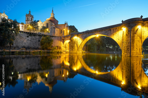 Amarante church view with Sao Goncalo bridge at night, in Portugal photo