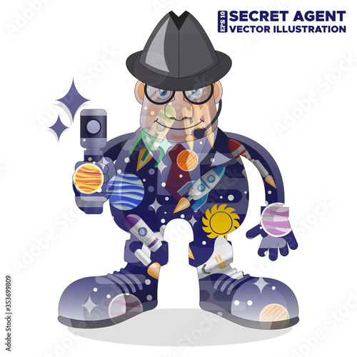 Secret agent on the background of space. Double exposure. Isolated on white background. Vector illustration.
