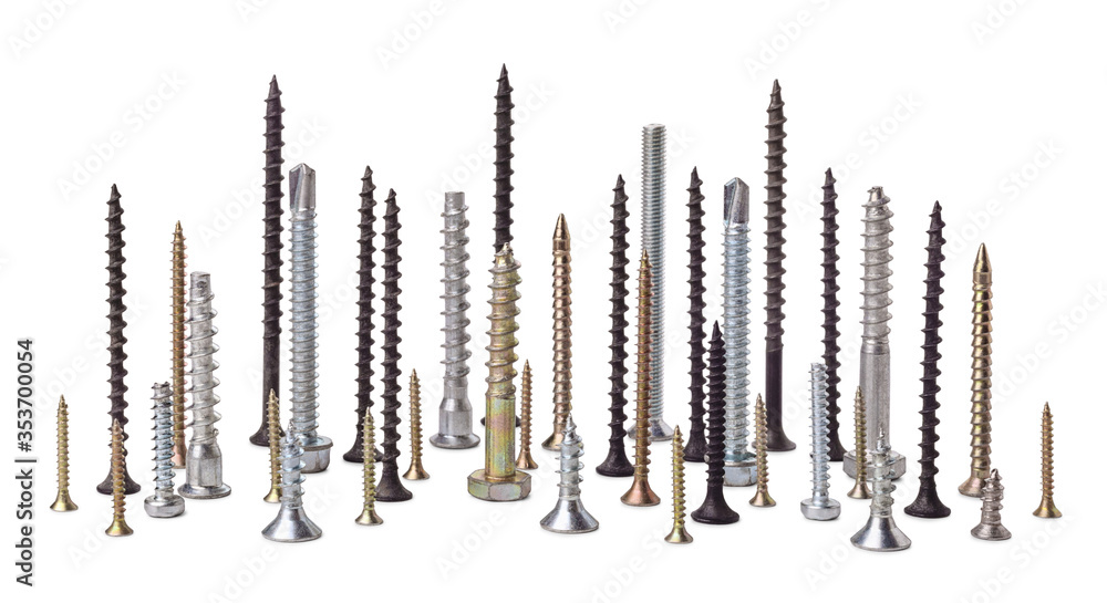 Metal screws, various sizes and views, with different lengths and threads, isolated on a white background. Metal screws, various sizes and views, with different lengths and threads, isolated on a white background.