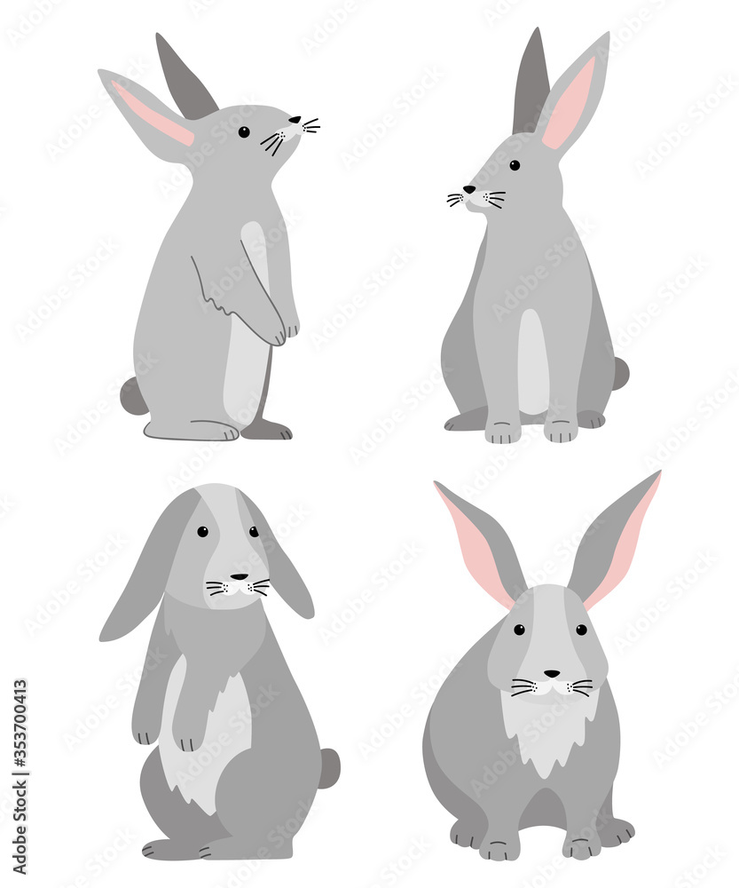 Obraz premium Set of 4 grey rabbits (bunnies). Vector illustration isolated on white background