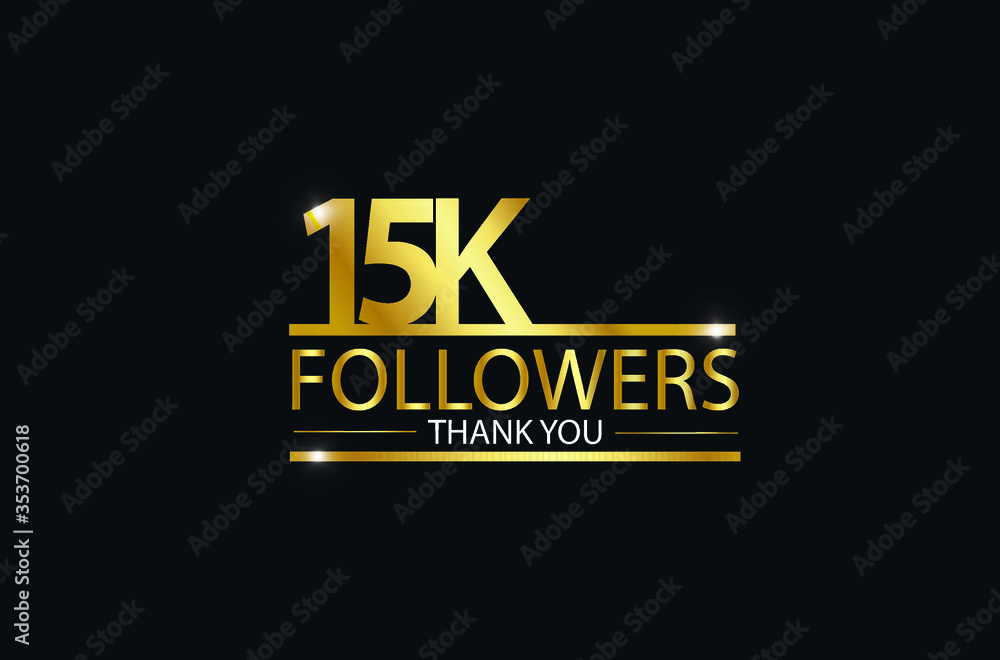 15K, 15.000 Followers celebration logotype with golden and Spark light white color isolated on black background for social media - Vector