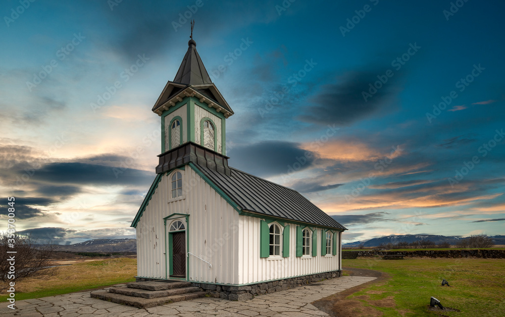 thingvellir church, steep valley formed by the separation of two tectonic plates, with rocky cliffs and fissures. Selfoss thingvellir church, steep valley formed by the separation of two tectonic plates, with rocky cliffs and fissures. Selfoss